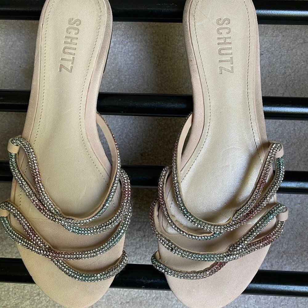 SCHUTZ Women Leather Gemstone Slide Sandals - NEW NWOB